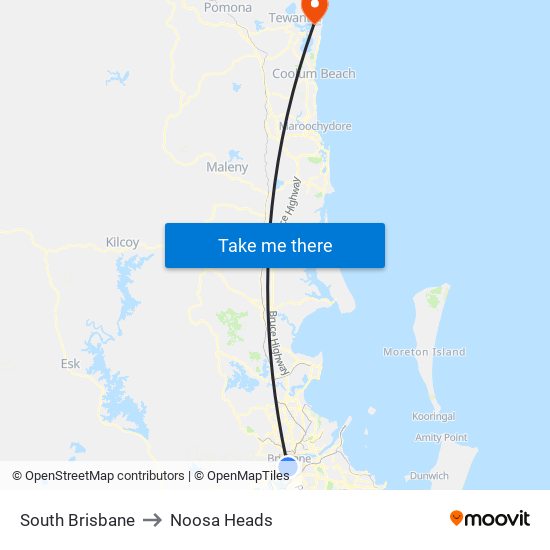 South Brisbane to Noosa Heads map