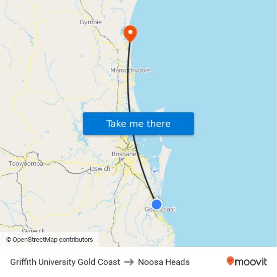 Griffith University Gold Coast to Noosa Heads map