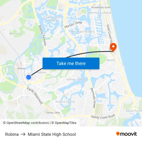 Robina to Miami State High School map