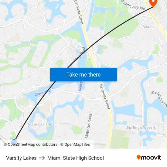Varsity Lakes to Miami State High School map