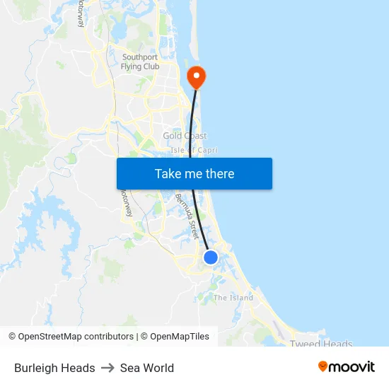 Burleigh Heads to Sea World map