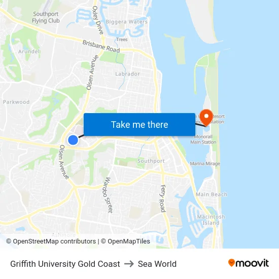 Griffith University Gold Coast to Sea World map