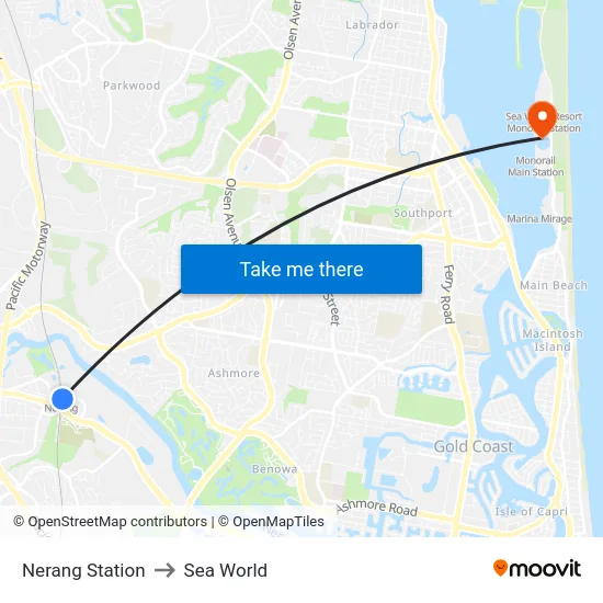 Nerang Station to Sea World map