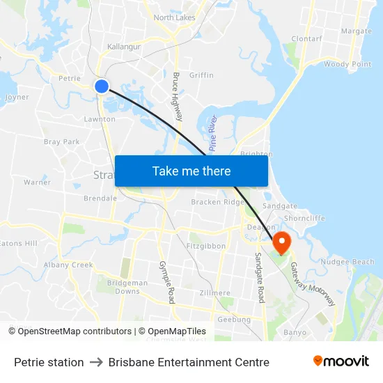 Petrie station to Brisbane Entertainment Centre map
