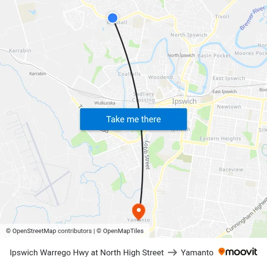 Ipswich Warrego Hwy at North High Street to Yamanto map