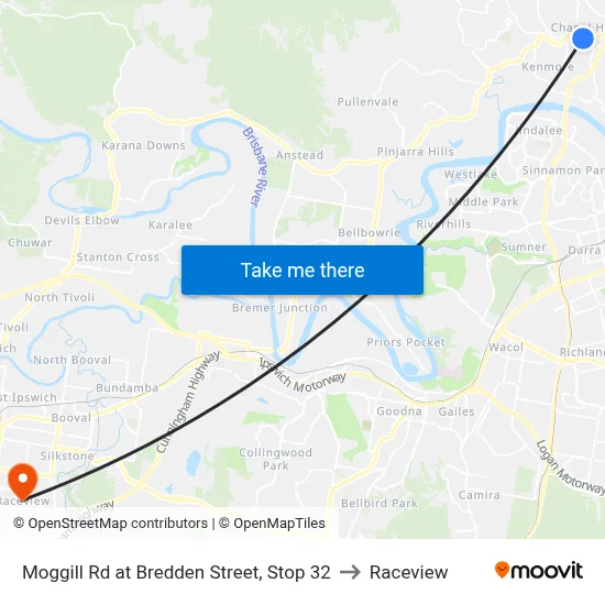 Moggill Rd at Bredden Street, Stop 32 to Raceview map