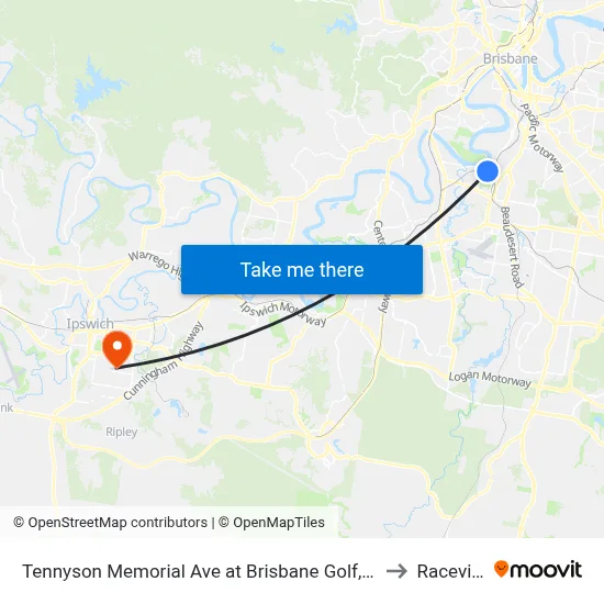 Tennyson Memorial Ave at Brisbane Golf, Stop 36 to Raceview map