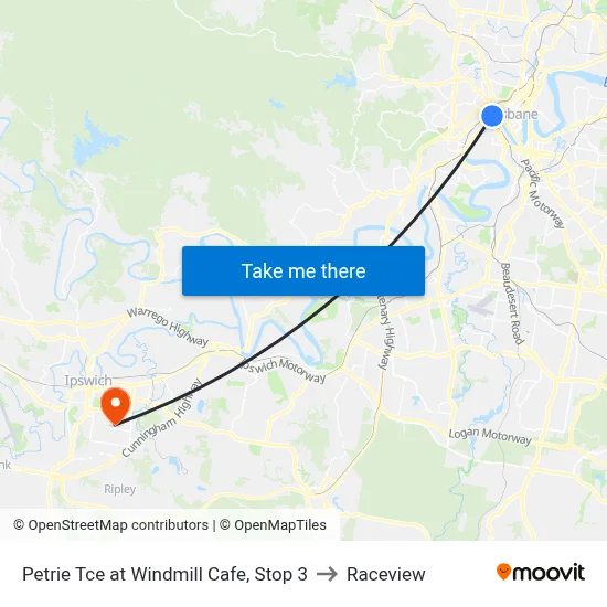 Petrie Tce at Windmill Cafe, Stop 3 to Raceview map