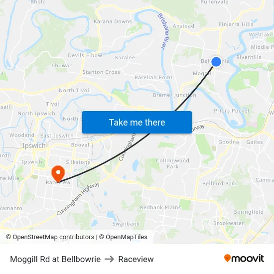 Moggill Rd at Bellbowrie to Raceview map