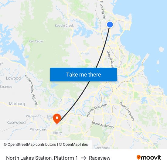 North Lakes Station, Platform 1 to Raceview map