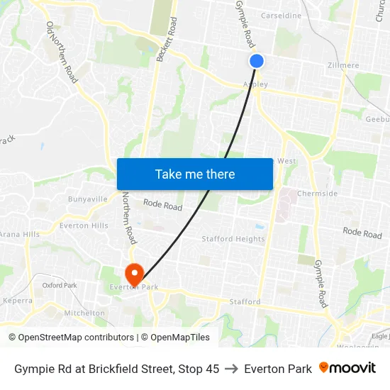 Gympie Rd at Brickfield Street, Stop 45 to Everton Park map