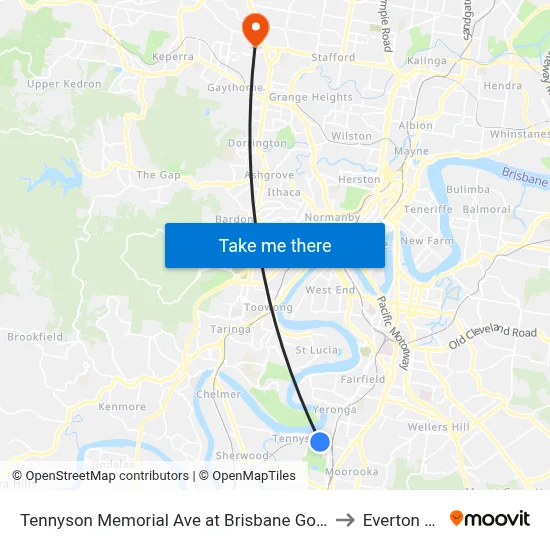 Tennyson Memorial Ave at Brisbane Golf, Stop 36 to Everton Park map
