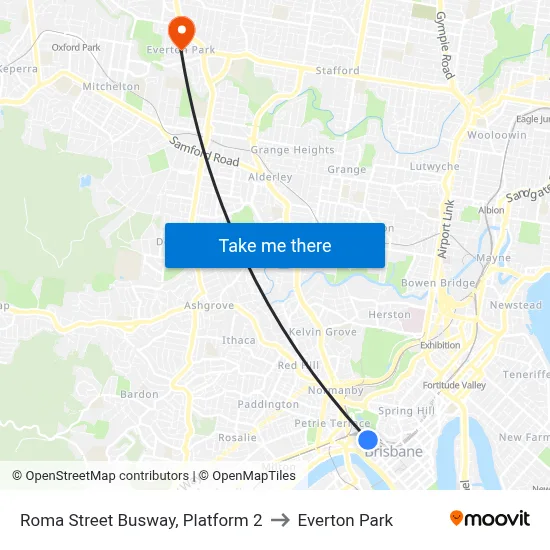 Roma Street Busway, Platform 2 to Everton Park map