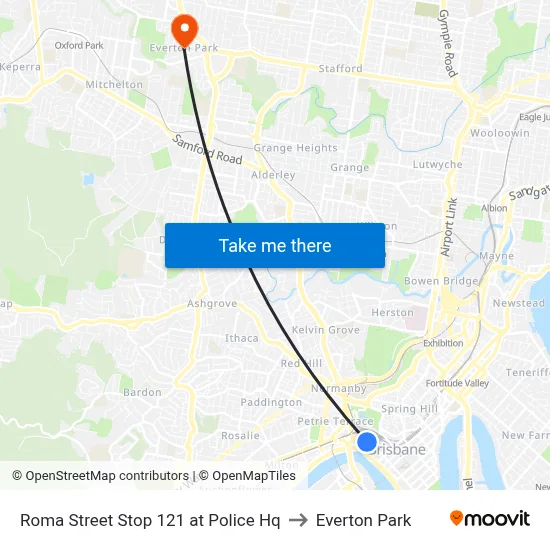 Roma Street Stop 121 at Police Hq to Everton Park map