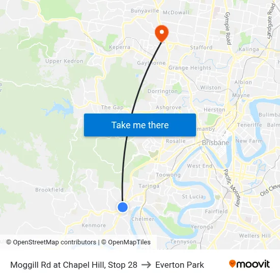 Moggill Rd at Chapel Hill, Stop 28 to Everton Park map