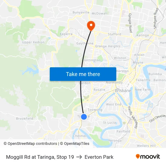 Moggill Rd at Taringa, Stop 19 to Everton Park map