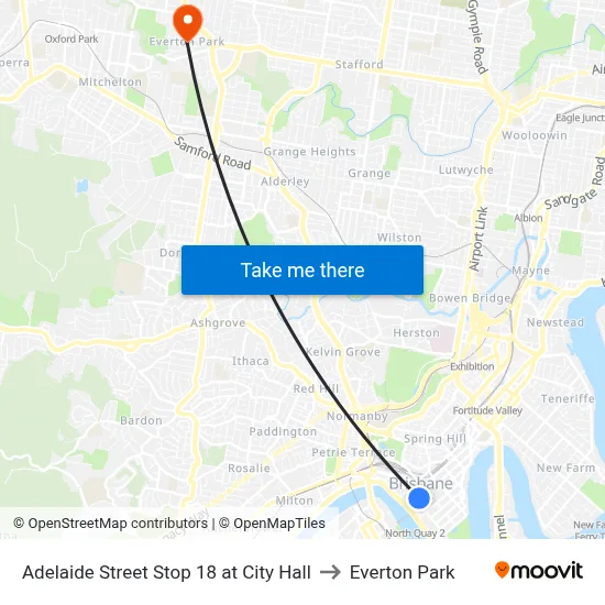 Adelaide Street Stop 18 at City Hall to Everton Park map