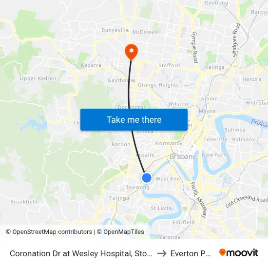 Coronation Dr at Wesley Hospital, Stop 9 to Everton Park map