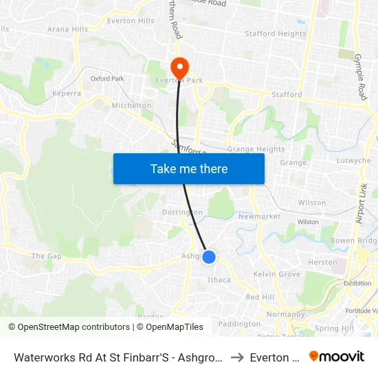 Waterworks Rd At St Finbarr'S - Ashgrove, Stop 16 to Everton Park map