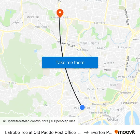 Latrobe Tce at Old Paddo Post Office, Stop 8 to Everton Park map