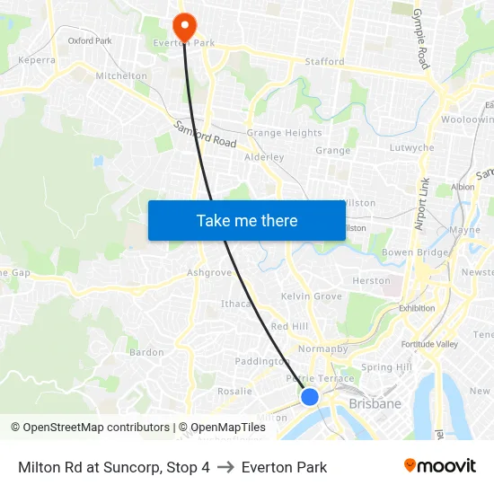 Milton Rd at Suncorp, Stop 4 to Everton Park map