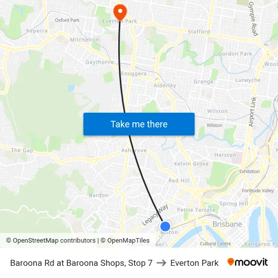 Baroona Rd at Baroona Shops, Stop 7 to Everton Park map