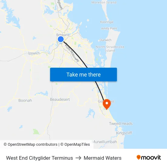 West End Cityglider Terminus to Mermaid Waters map