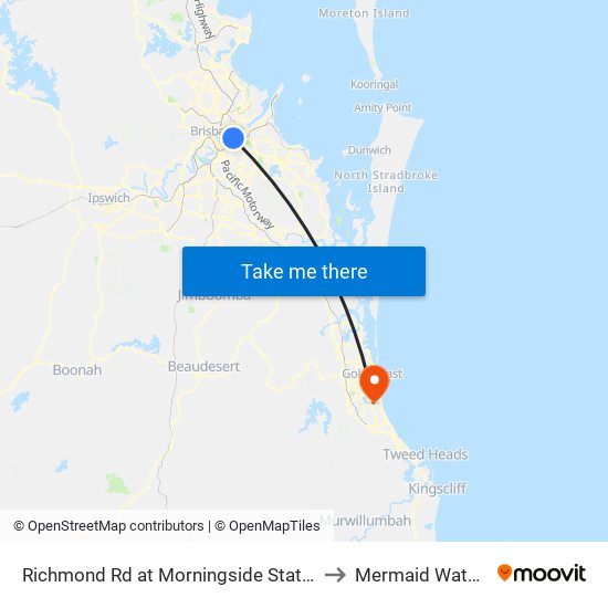 Richmond Rd at Morningside Station to Mermaid Waters map