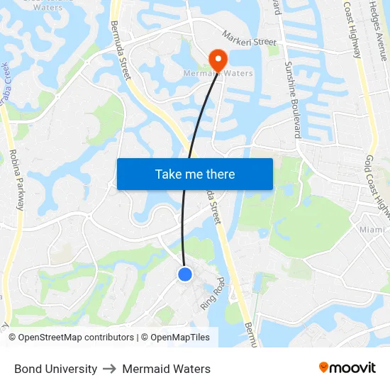 Bond University to Mermaid Waters map