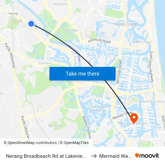 Nerang Broadbeach Rd at Lakeview Drive to Mermaid Waters map