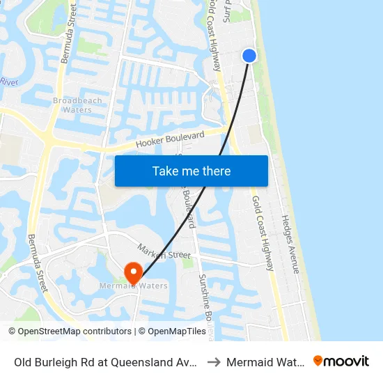 Old Burleigh Rd at Queensland Avenue to Mermaid Waters map