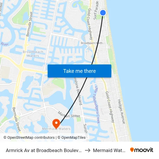Armrick Av at Broadbeach Boulevard to Mermaid Waters map