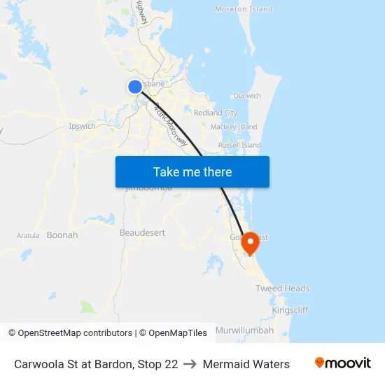 Carwoola St at Bardon, Stop 22 to Mermaid Waters map
