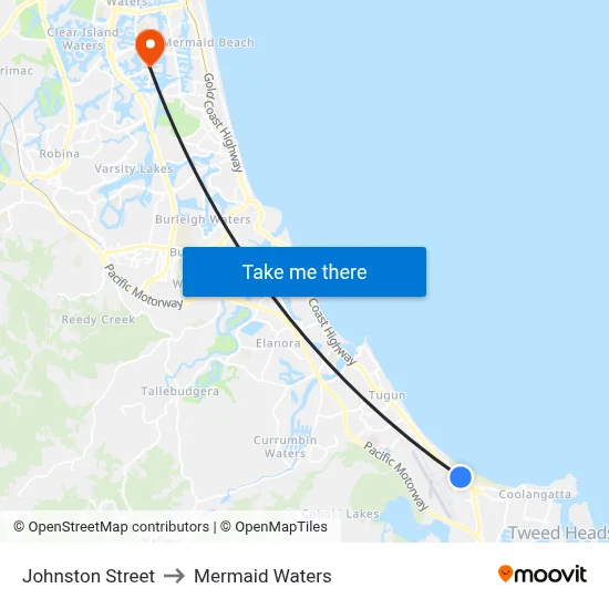Johnston Street to Mermaid Waters map