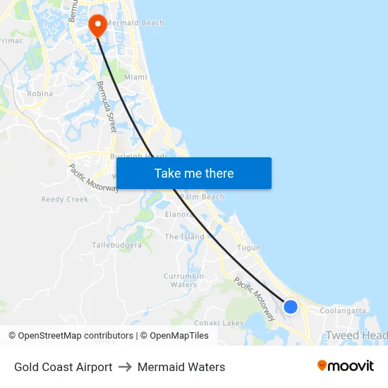 Gold Coast Airport to Mermaid Waters map