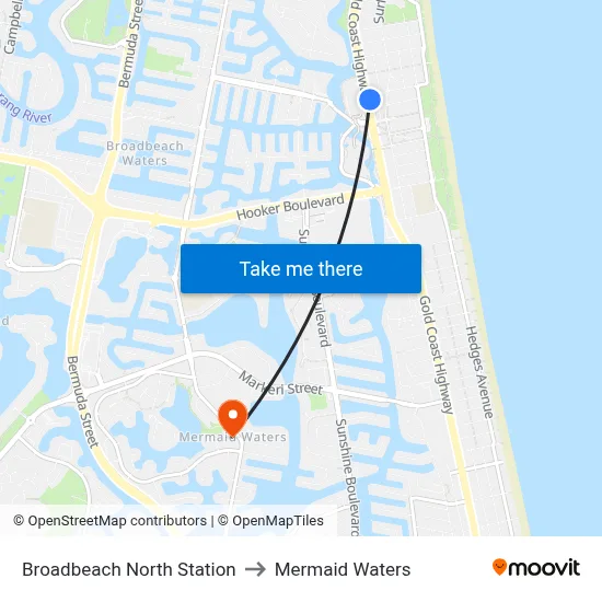 Broadbeach North Station to Mermaid Waters map
