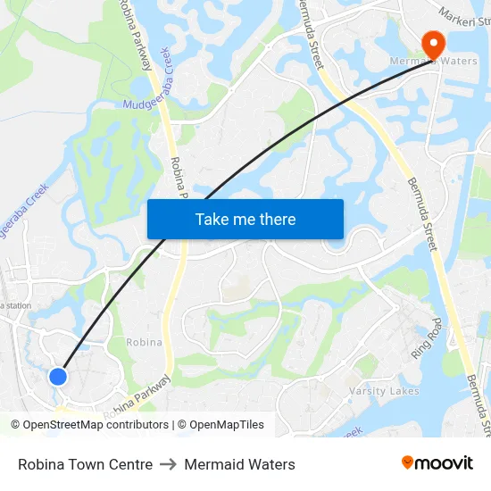 Robina Town Centre to Mermaid Waters map