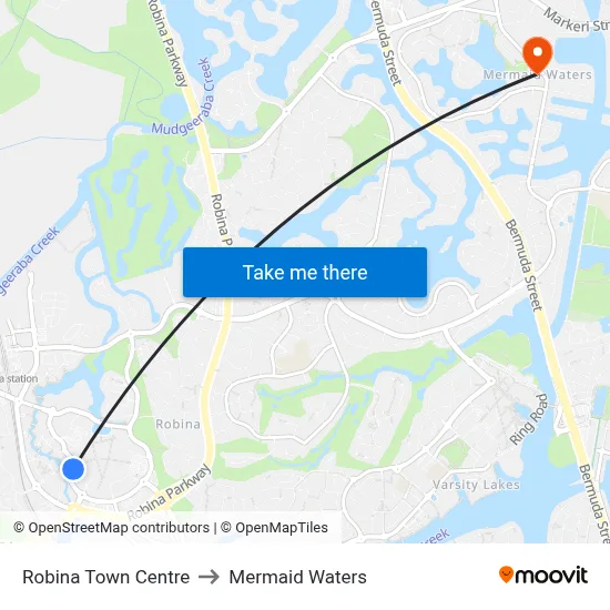 Robina Town Centre to Mermaid Waters map