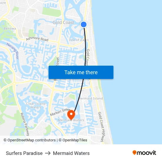Surfers Paradise to Mermaid Waters map