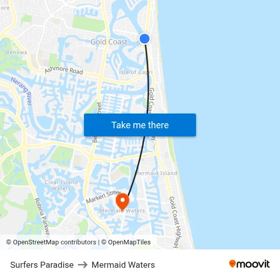 Surfers Paradise to Mermaid Waters map