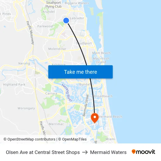 Olsen Ave at Central Street Shops to Mermaid Waters map