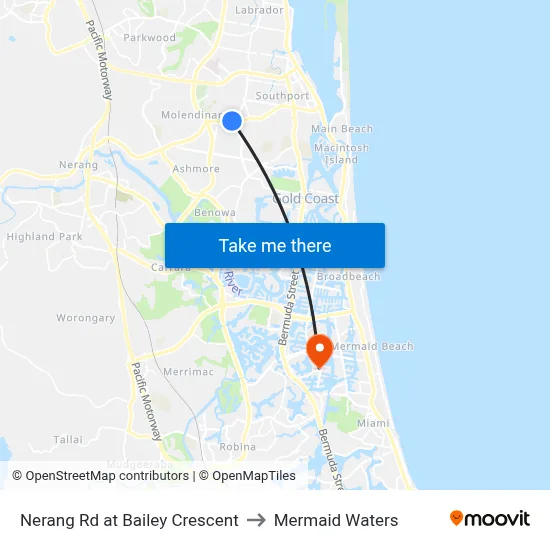 Nerang Rd at Bailey Crescent to Mermaid Waters map