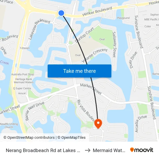 Nerang Broadbeach Rd at Lakes Esp to Mermaid Waters map