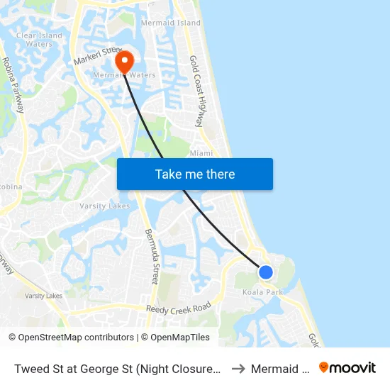 Tweed St at George St (Night Closures 8th Feb-2nd Mar) to Mermaid Waters map
