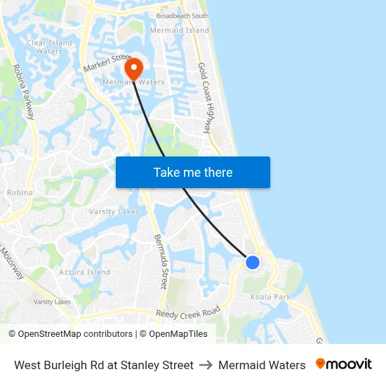 West Burleigh Rd at Stanley Street to Mermaid Waters map