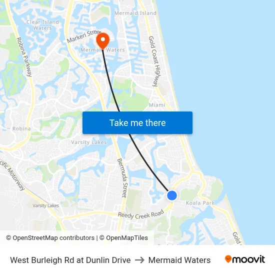 West Burleigh Rd at Dunlin Drive to Mermaid Waters map