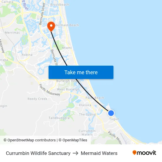 Currumbin Wildlife Sanctuary to Mermaid Waters map