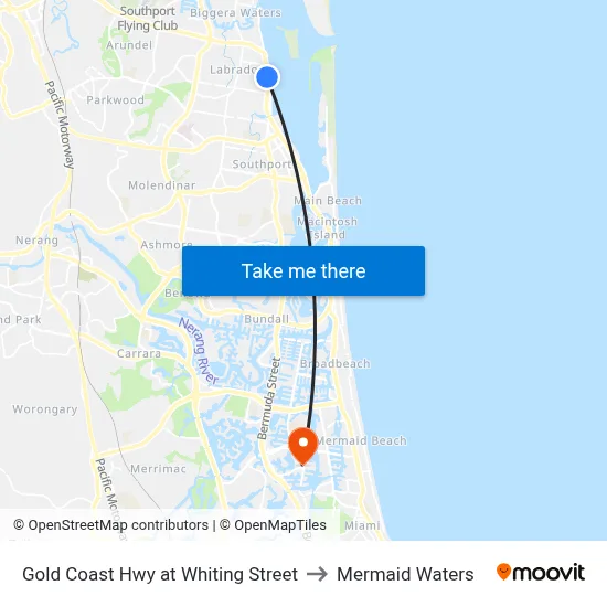 Gold Coast Hwy at Whiting Street to Mermaid Waters map