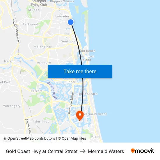 Gold Coast Hwy at Central Street to Mermaid Waters map
