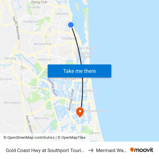 Gold Coast Hwy at Southport Tourist Park to Mermaid Waters map